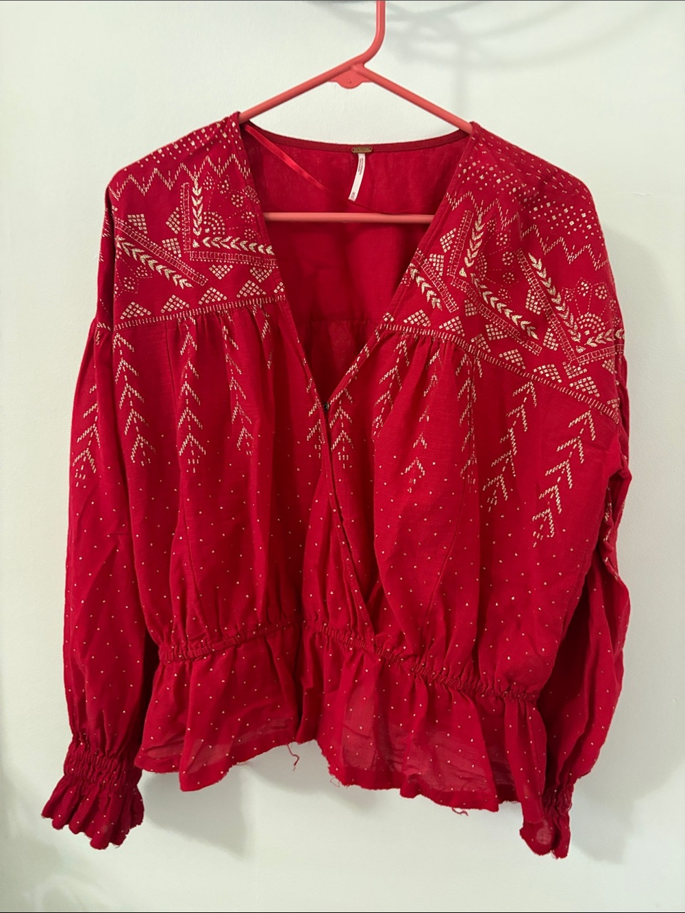 Free People Red Embroidered V-Neck Peplum Top